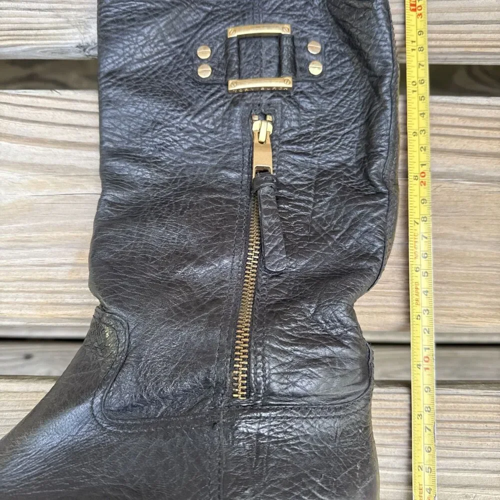 Tory Burch Black Leather Mid Calf Riding Boots Gold Zip Buckle Women’s Size 8.5M